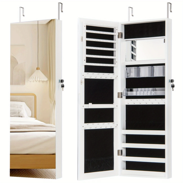 Wall-Mounted White Jewelry Cabinet with Full-Length Mirror & Cosmetic Organizer