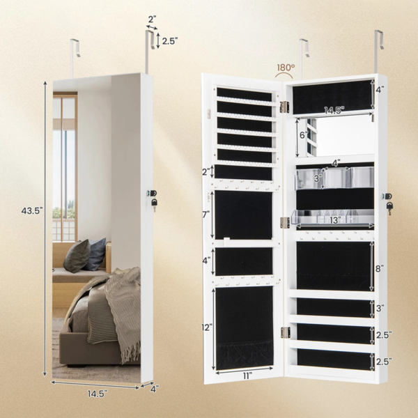 Wall-Mounted White Jewelry Cabinet with Full-Length Mirror & Cosmetic Organizer
