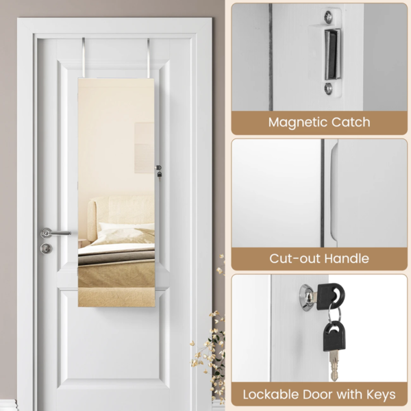 Wall-Mounted White Jewelry Cabinet with Full-Length Mirror & Cosmetic Organizer