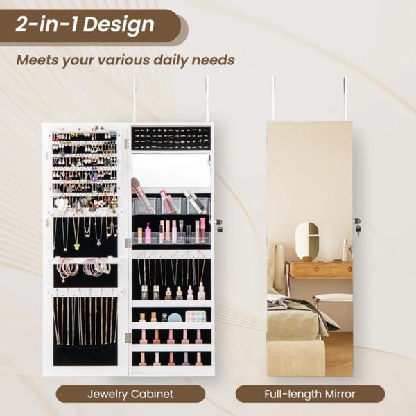 Wall-Mounted White Jewelry Cabinet with Full-Length Mirror & Cosmetic Organizer